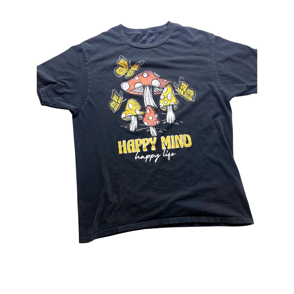 Persaya Mens Large Happy Mind Happy Life Mushroom Butterfly Graphic Tee Black